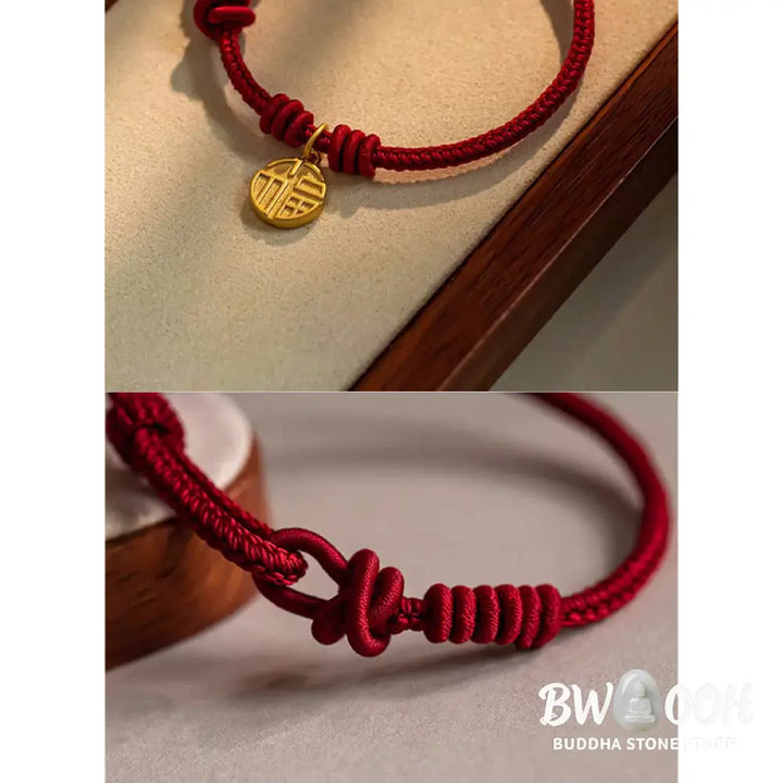 BWOOOH Handmade Eight Thread Peace Knot Fu Character Charm Luck Happiness Red Rope Bracelet - 17-20cm - Bracelet