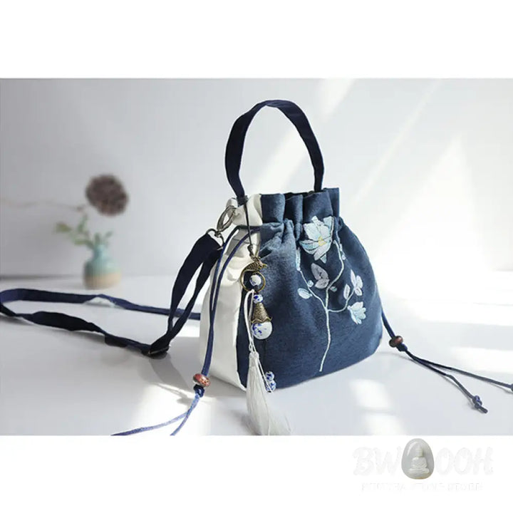 Buddha Stones Handmade Embroidered Flowers Canvas Tote Shoulder Bag Handbag - Bag
