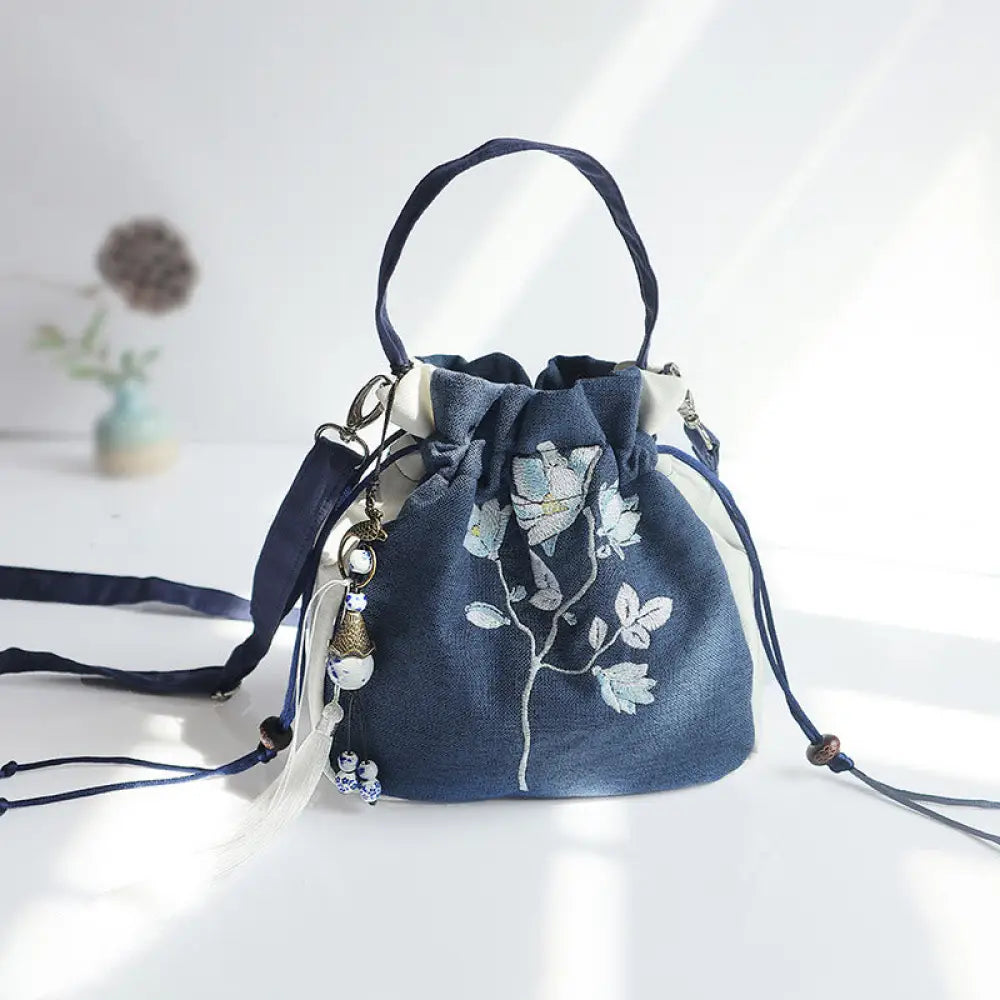 Buddha Stones Handmade Embroidered Flowers Canvas Tote Shoulder Bag Handbag - Blue White Flower Leaves 20*20cm - Bag