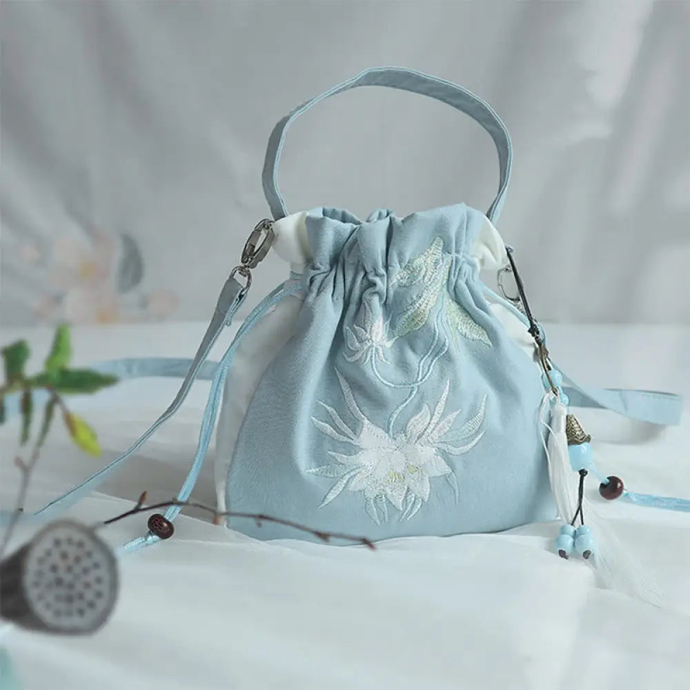 Buddha Stones Handmade Embroidered Flowers Canvas Tote Shoulder Bag Handbag - Blue White Lotus 20*20cm - Bag