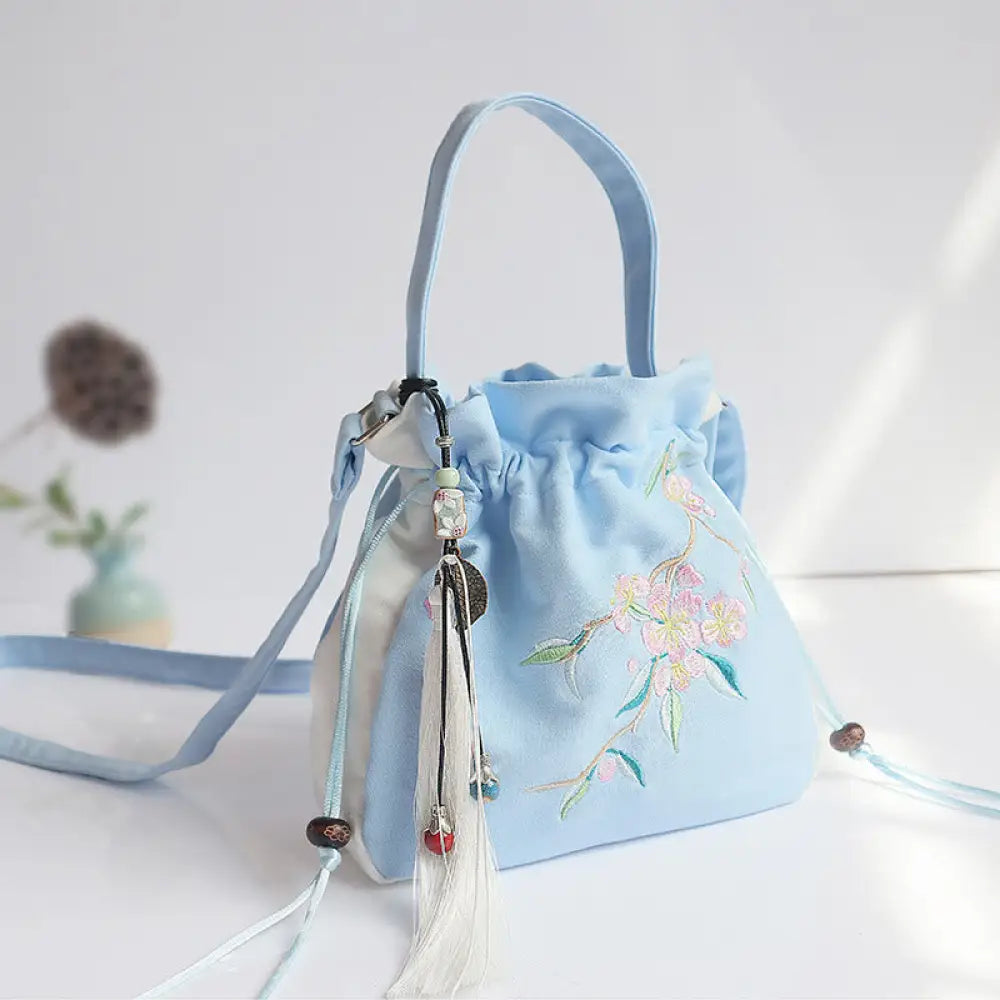 Buddha Stones Handmade Embroidered Flowers Canvas Tote Shoulder Bag Handbag - Blue White Peach Blossom 20*20cm - Bag