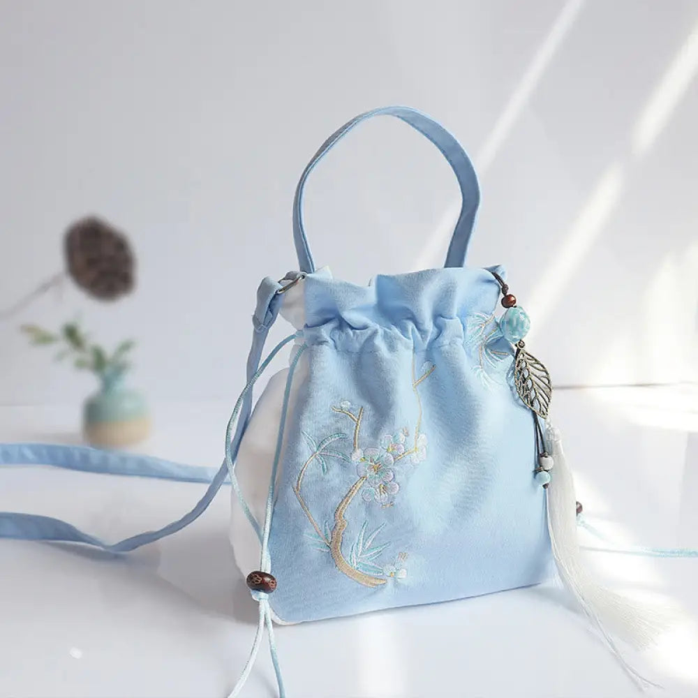 Buddha Stones Handmade Embroidered Flowers Canvas Tote Shoulder Bag Handbag - Blue White Plum Bamboo 20*20cm - Bag