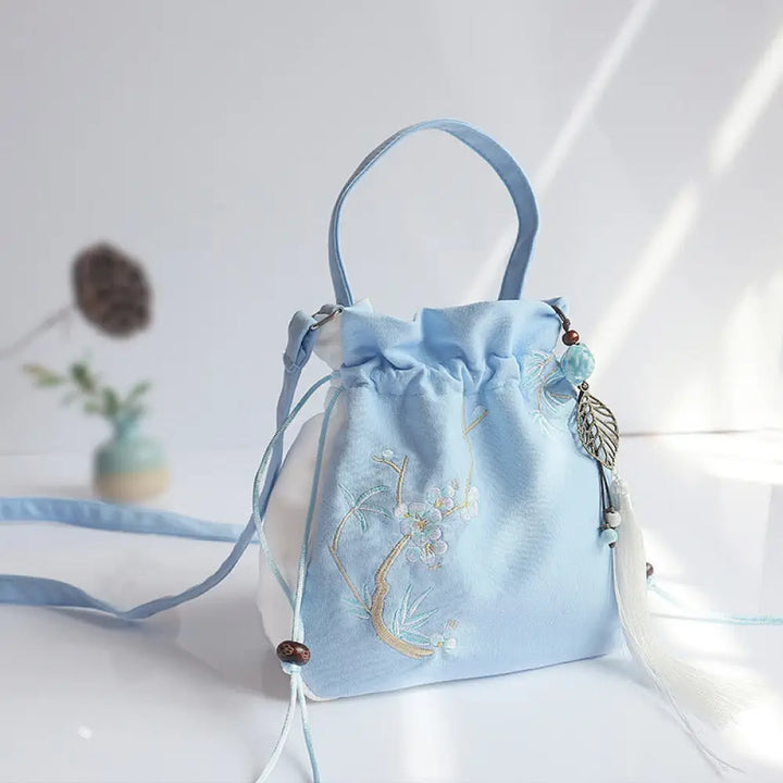 Buddha Stones Handmade Embroidered Flowers Canvas Tote Shoulder Bag Handbag - Blue White Plum Bamboo 20*20cm - Bag