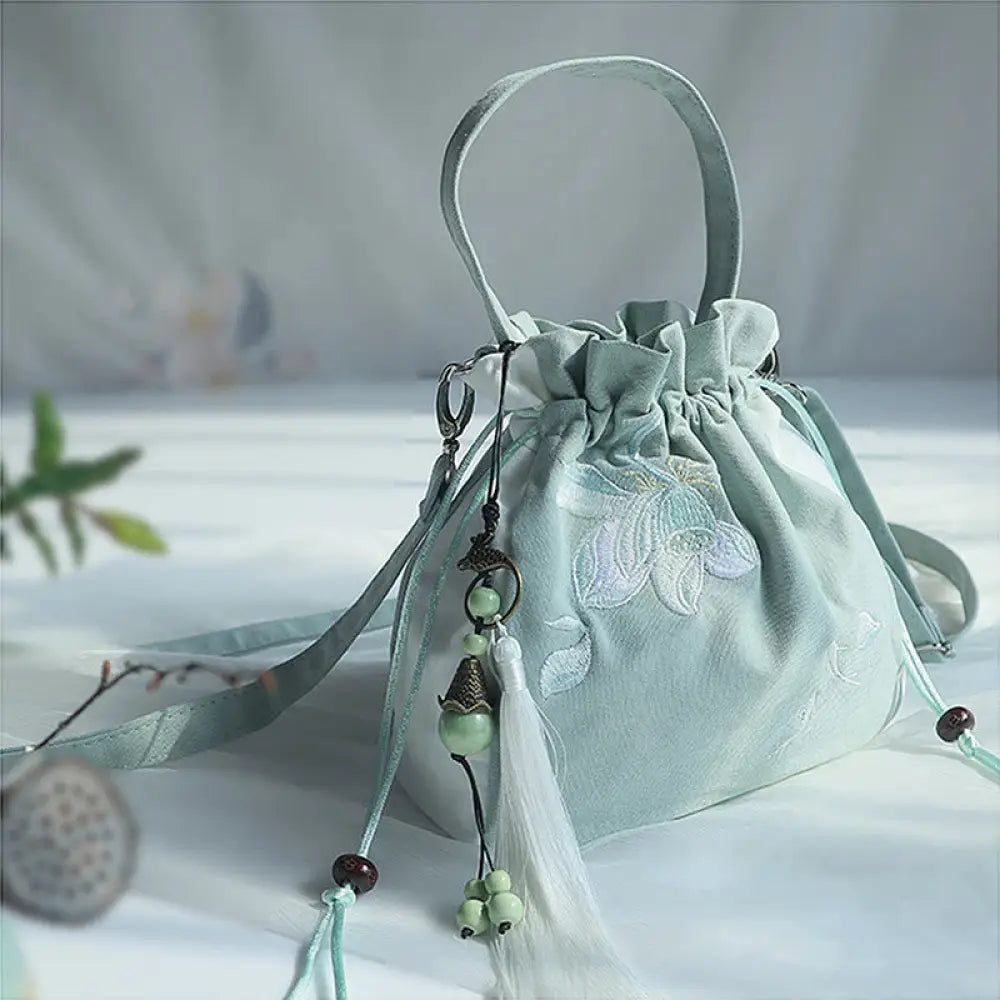 Buddha Stones Handmade Embroidered Flowers Canvas Tote Shoulder Bag Handbag - Green White Lotus 20*20cm - Bag