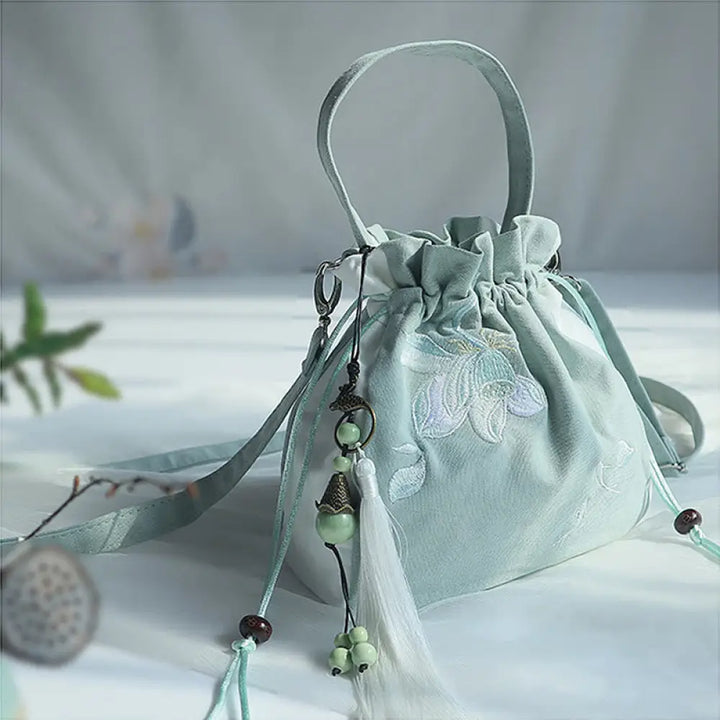 Buddha Stones Handmade Embroidered Flowers Canvas Tote Shoulder Bag Handbag - Green White Lotus 20*20cm - Bag