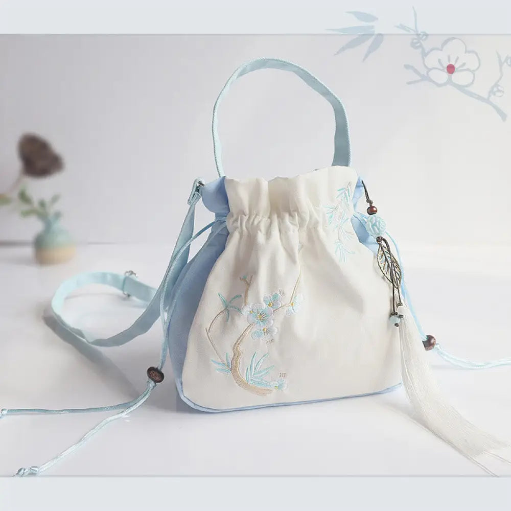 Buddha Stones Handmade Embroidered Flowers Canvas Tote Shoulder Bag Handbag - Light Blue White Flower 20*20cm - Bag
