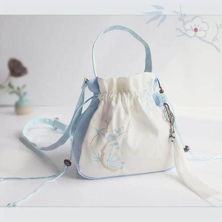 Buddha Stones Handmade Embroidered Flowers Canvas Tote Shoulder Bag Handbag - Light Blue White Flower 20*20cm - Bag