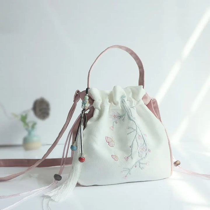 Buddha Stones Handmade Embroidered Flowers Canvas Tote Shoulder Bag Handbag - Pink White Cherry Blossom 20*20cm - Bag