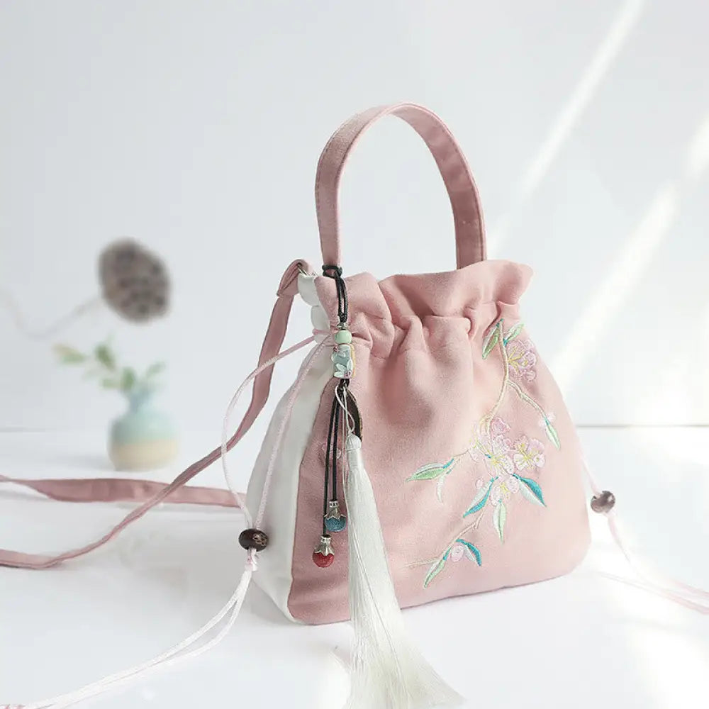 Buddha Stones Handmade Embroidered Flowers Canvas Tote Shoulder Bag Handbag - Pink White Peach Blossom 20*20cm - Bag