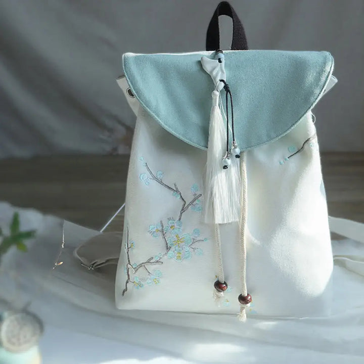 Buddha Stones Handmade Embroidered Large Capacity Canvas Backpack - Blue Plum Blossom - Backpack