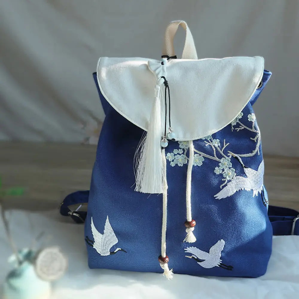 Buddha Stones Handmade Embroidered Large Capacity Canvas Backpack - Blue White Crane - Backpack