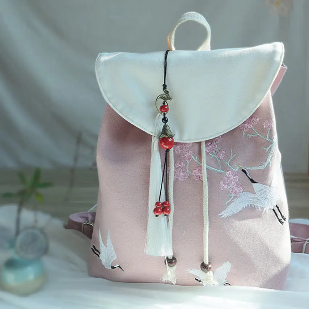 Buddha Stones Handmade Embroidered Large Capacity Canvas Backpack - Cherry White Crane - Backpack