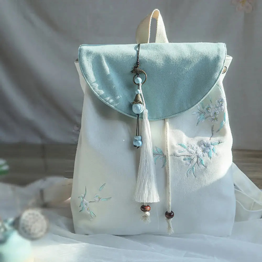 Buddha Stones Handmade Embroidered Large Capacity Canvas Backpack - Pear Flower Blossom - Backpack