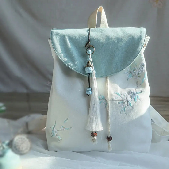 Buddha Stones Handmade Embroidered Large Capacity Canvas Backpack - Pear Flower Blossom - Backpack