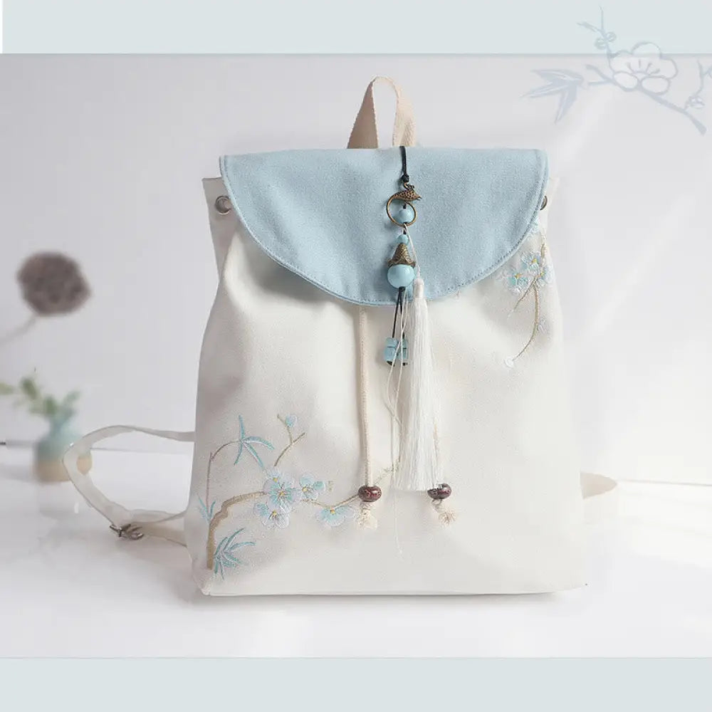 Buddha Stones Handmade Embroidered Large Capacity Canvas Backpack - Plum Blossom Bamboo - Backpack