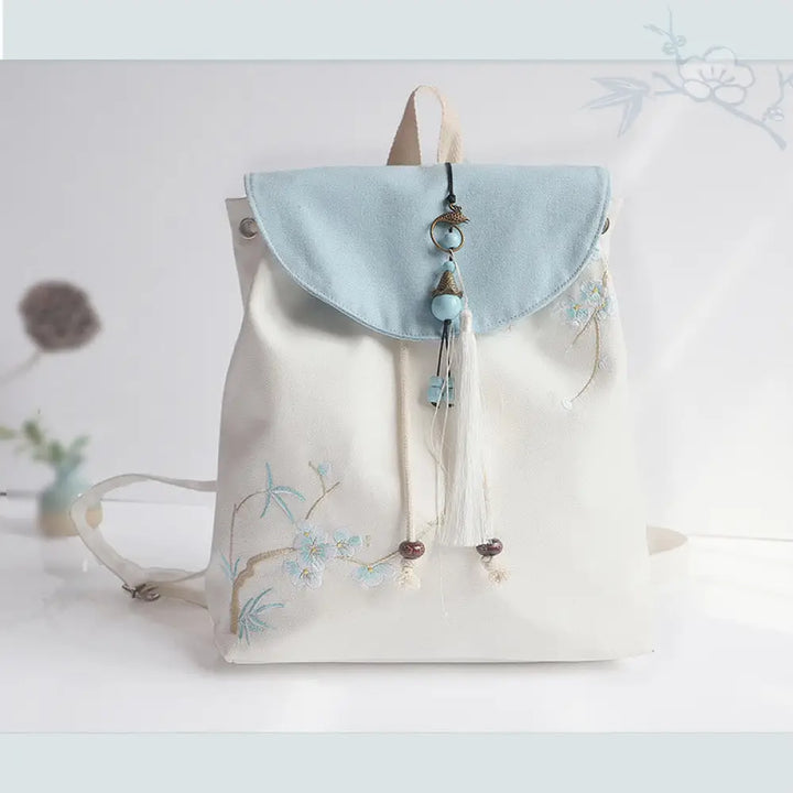Buddha Stones Handmade Embroidered Large Capacity Canvas Backpack - Plum Blossom Bamboo - Backpack