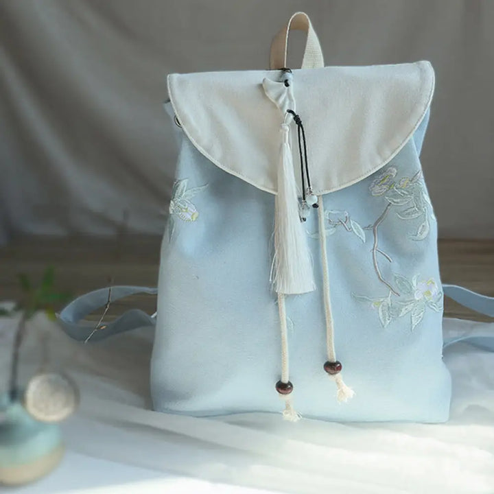 Buddha Stones Handmade Embroidered Large Capacity Canvas Backpack - White Tea Flower - Backpack