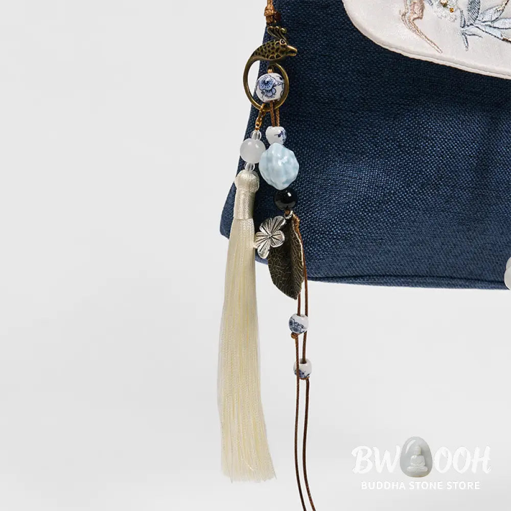 Buddha Stones Handmade Embroidered Large Capacity Polyester Canvas Backpack - Dark Blue Plum Embroidery - Crossbody