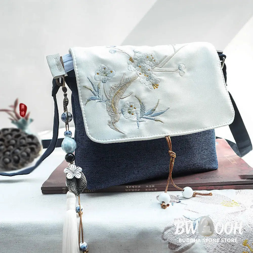 Buddha Stones Handmade Embroidered Large Capacity Polyester Canvas Backpack - Dark Blue Plum Embroidery - Crossbody