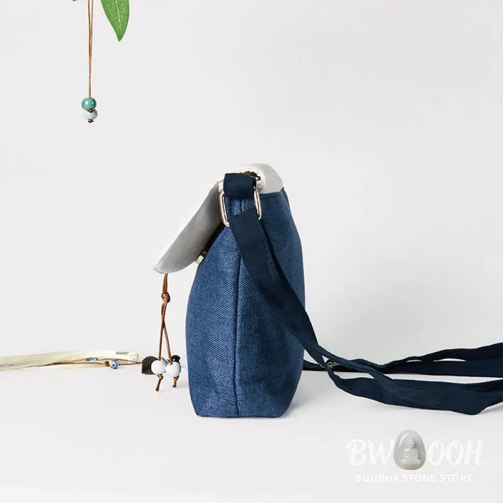 Buddha Stones Handmade Embroidered Large Capacity Polyester Canvas Backpack - Dark Blue Plum Embroidery - Crossbody