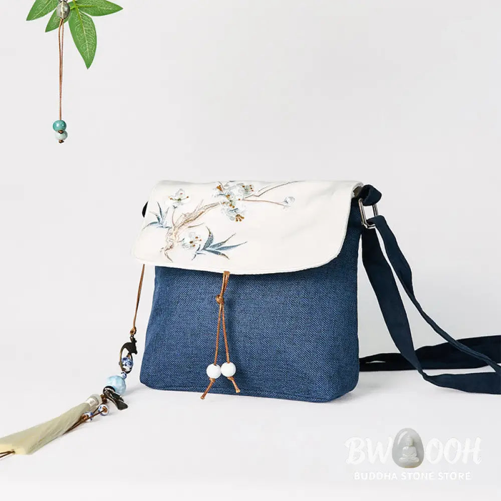 Buddha Stones Handmade Embroidered Large Capacity Polyester Canvas Backpack - Dark Blue Plum Embroidery - Crossbody