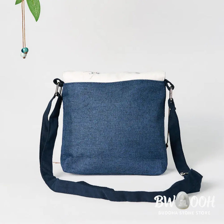 Buddha Stones Handmade Embroidered Large Capacity Polyester Canvas Backpack - Dark Blue Plum Embroidery - Crossbody
