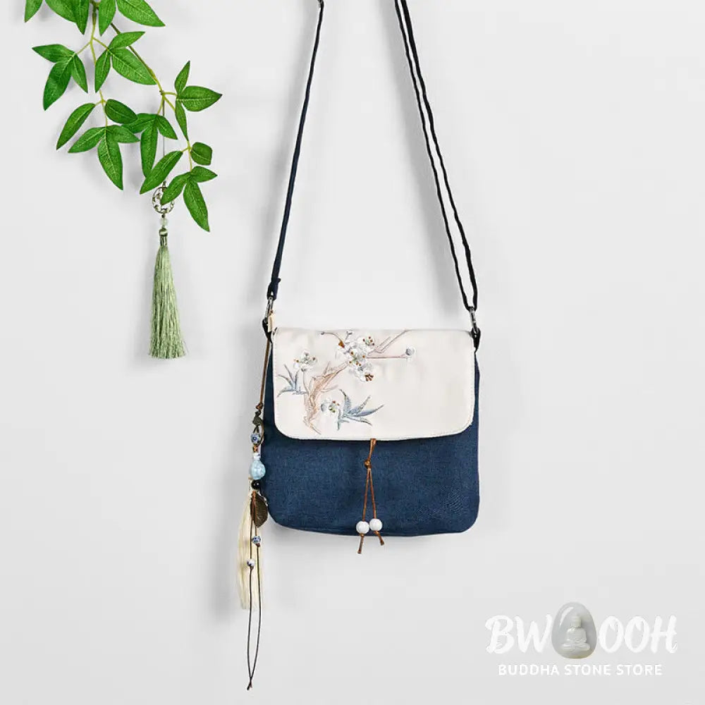 Buddha Stones Handmade Embroidered Large Capacity Polyester Canvas Backpack - Dark Blue Plum Embroidery - Crossbody