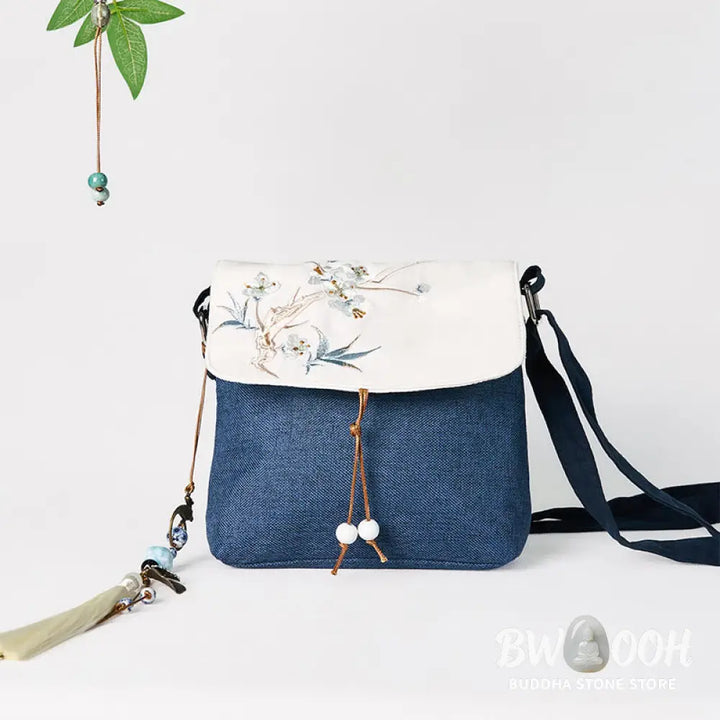 Buddha Stones Handmade Embroidered Large Capacity Polyester Canvas Backpack - Dark Blue Plum Embroidery - Crossbody