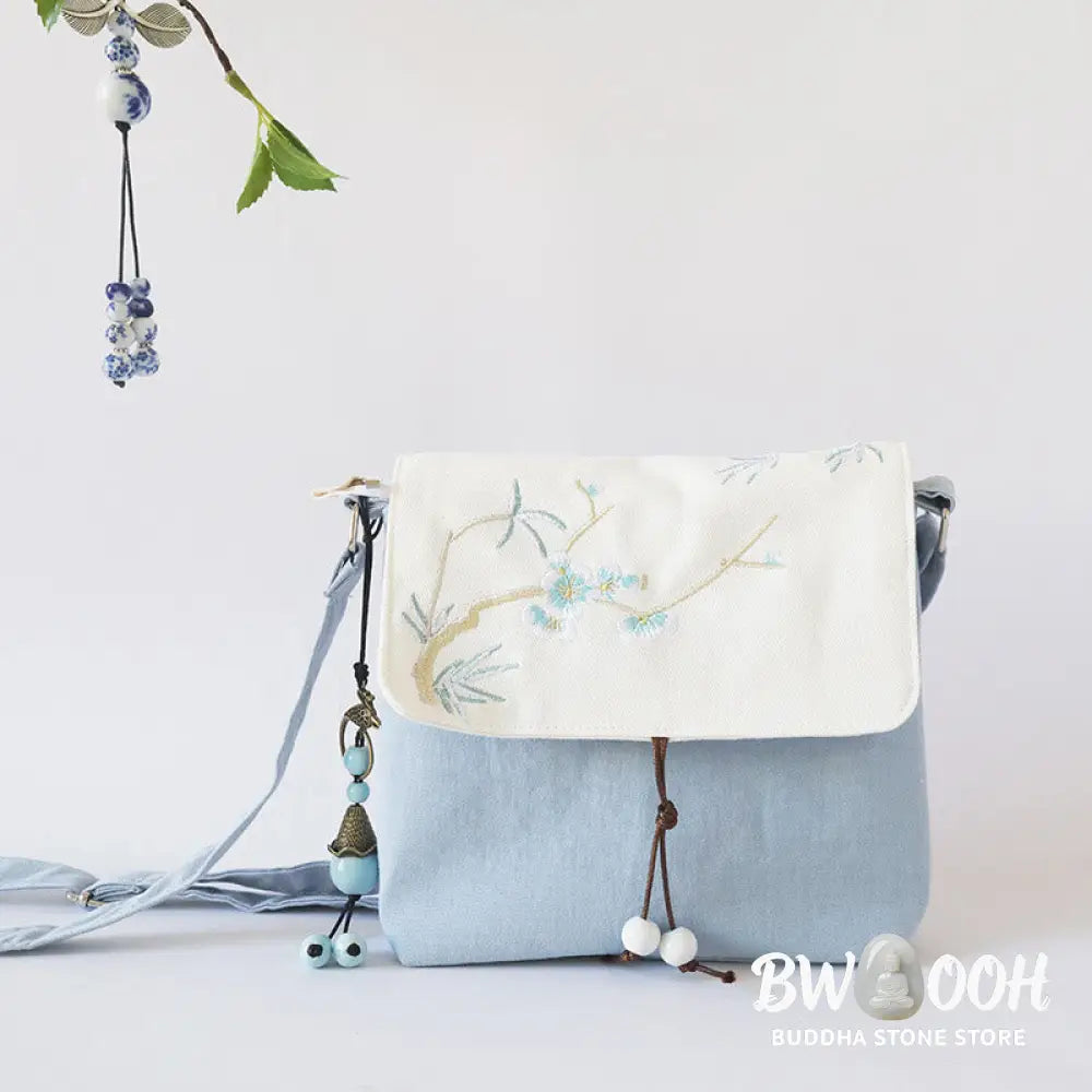 Buddha Stones Handmade Embroidered Plum Flowers Canvas Crossbody Bag Shoulder Bag Handbag - Crossbody Bag