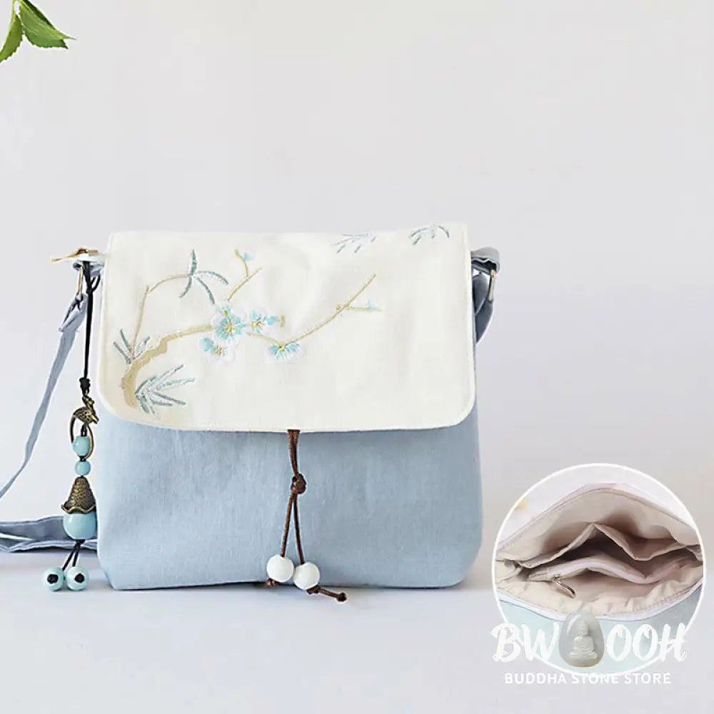 Buddha Stones Handmade Embroidered Plum Flowers Canvas Crossbody Bag Shoulder Bag Handbag - Crossbody Bag