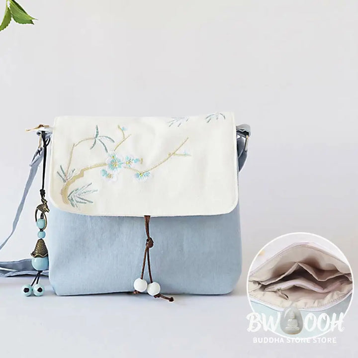 Buddha Stones Handmade Embroidered Plum Flowers Canvas Crossbody Bag Shoulder Bag Handbag - Crossbody Bag