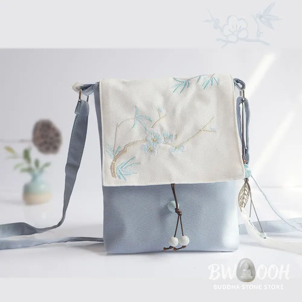 Buddha Stones Handmade Embroidered Plum Flowers Canvas Crossbody Bag Shoulder Bag Handbag - Crossbody Bag