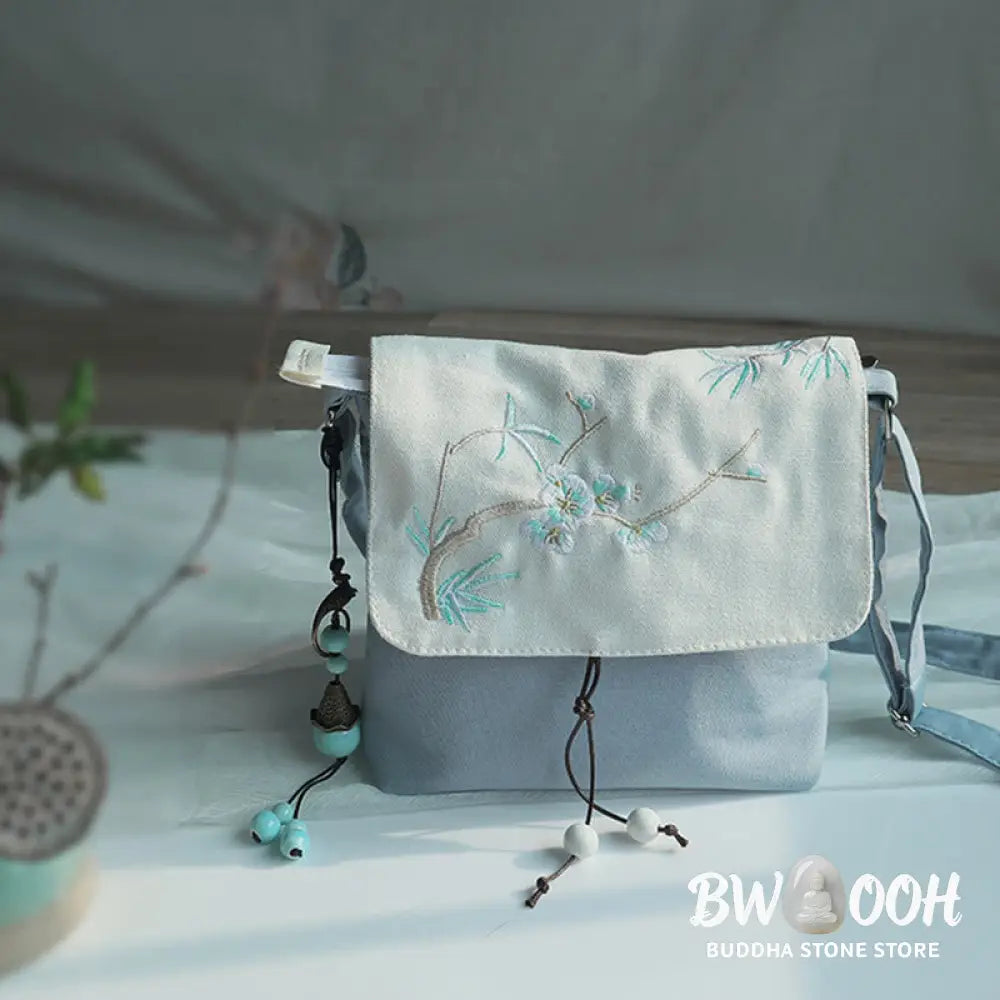 Buddha Stones Handmade Embroidered Plum Flowers Canvas Crossbody Bag Shoulder Bag Handbag - Crossbody Bag