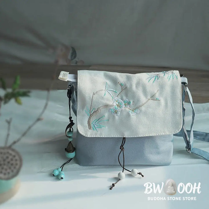 Buddha Stones Handmade Embroidered Plum Flowers Canvas Crossbody Bag Shoulder Bag Handbag - Crossbody Bag