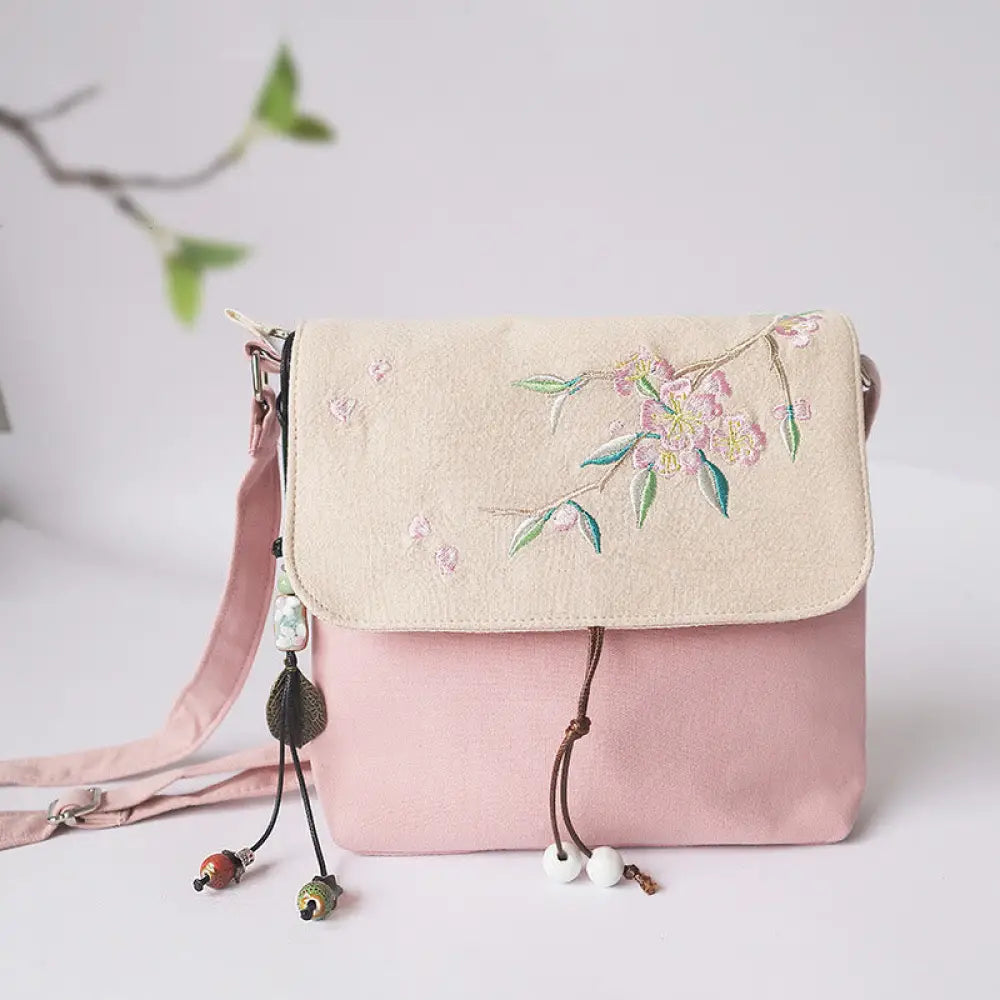 Buddha Stones Handmade Embroidered Plum Flowers Canvas Crossbody Bag Shoulder Bag Handbag - Beige Pink Peach Blossom