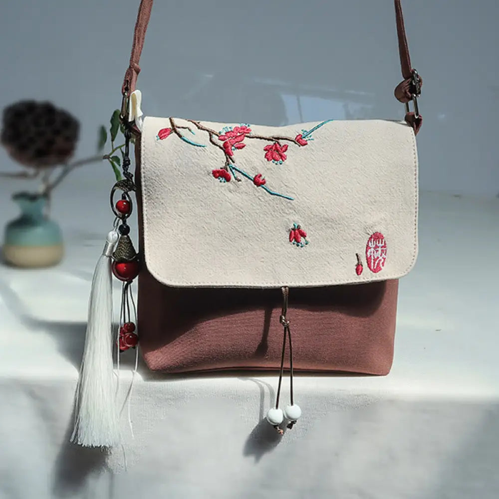 Buddha Stones Handmade Embroidered Plum Flowers Canvas Crossbody Bag Shoulder Bag Handbag - Brown Red Plum 17*19cm