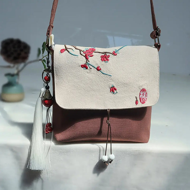 Buddha Stones Handmade Embroidered Plum Flowers Canvas Crossbody Bag Shoulder Bag Handbag - Brown Red Plum 17*19cm