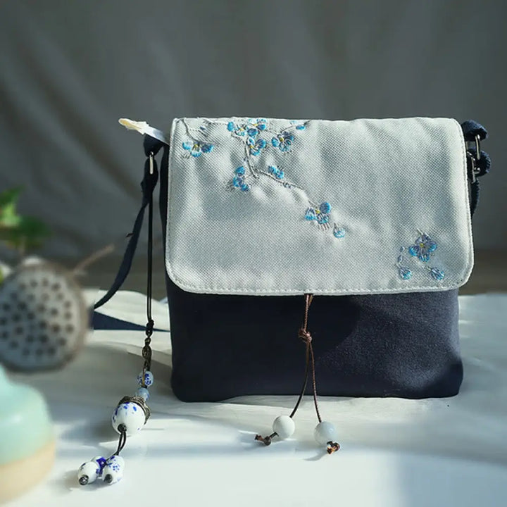 Buddha Stones Handmade Embroidered Plum Flowers Canvas Crossbody Bag Shoulder Bag Handbag - Dark Blue Plum 17*19cm