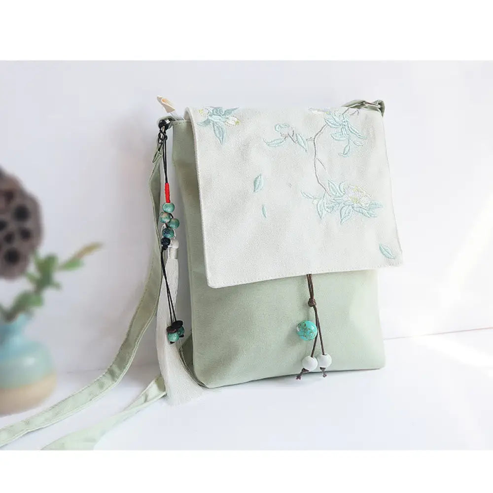 Buddha Stones Handmade Embroidered Plum Flowers Canvas Crossbody Bag Shoulder Bag Handbag - Green White Tea 20*23cm