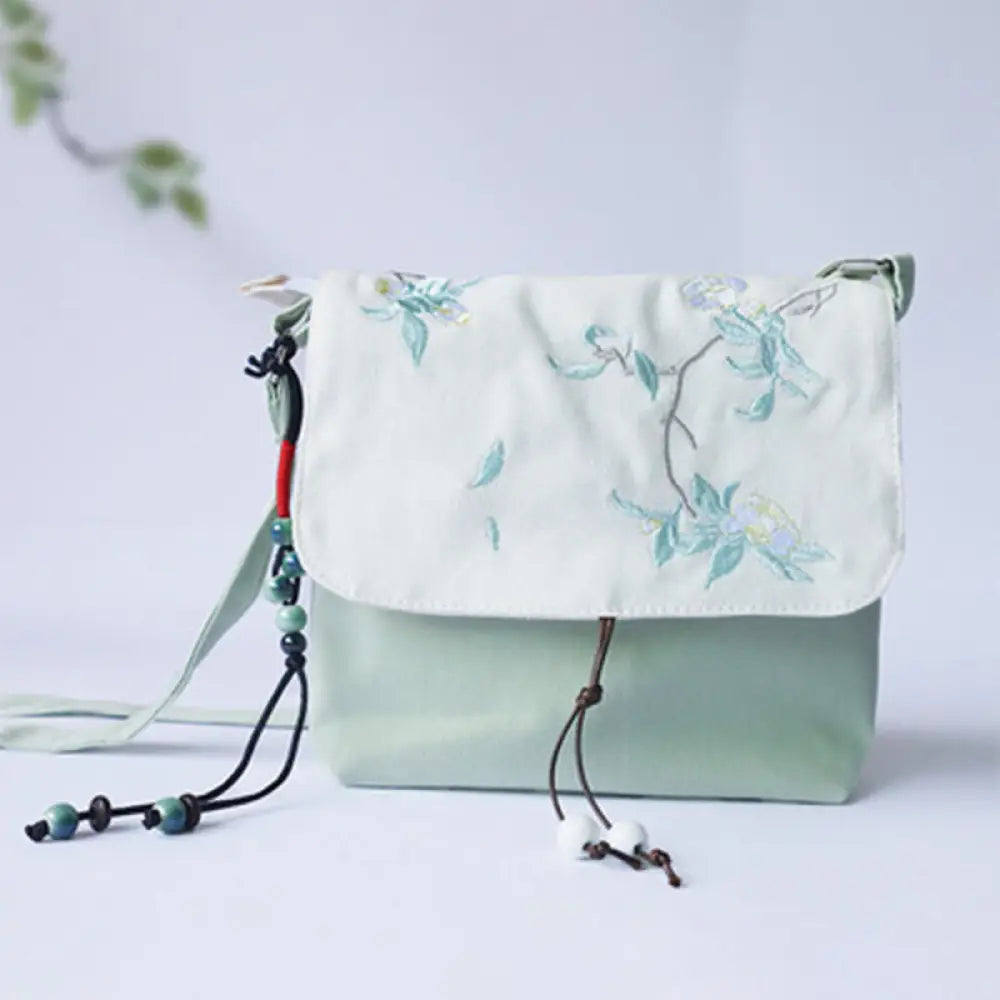 Buddha Stones Handmade Embroidered Plum Flowers Canvas Crossbody Bag Shoulder Bag Handbag - Green White Tea Flower