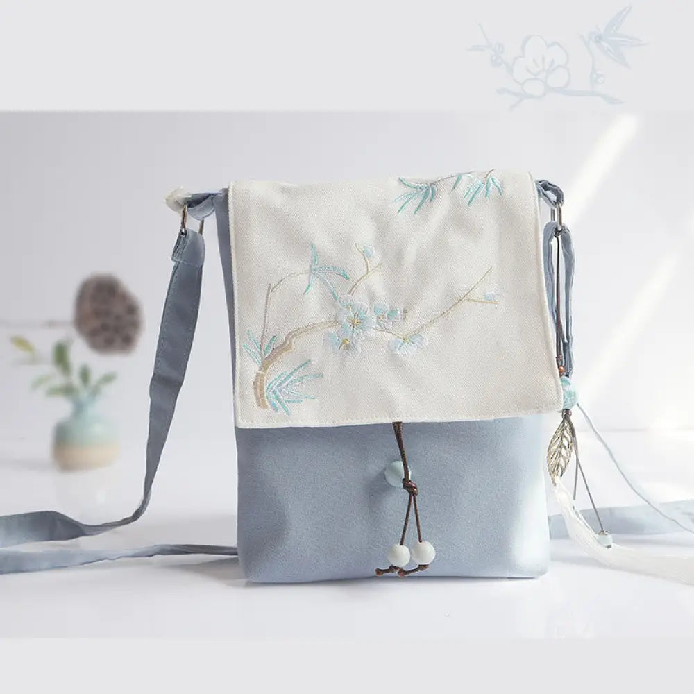Buddha Stones Handmade Embroidered Plum Flowers Canvas Crossbody Bag Shoulder Bag Handbag - Light Blue Plum Bamboo