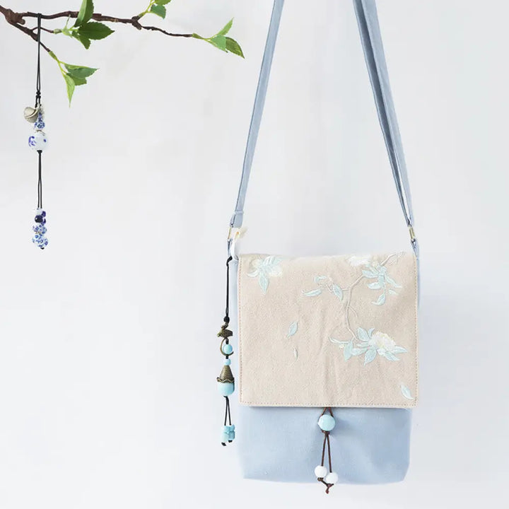Buddha Stones Handmade Embroidered Plum Flowers Canvas Crossbody Bag Shoulder Bag Handbag - Light Blue White Tea Flower