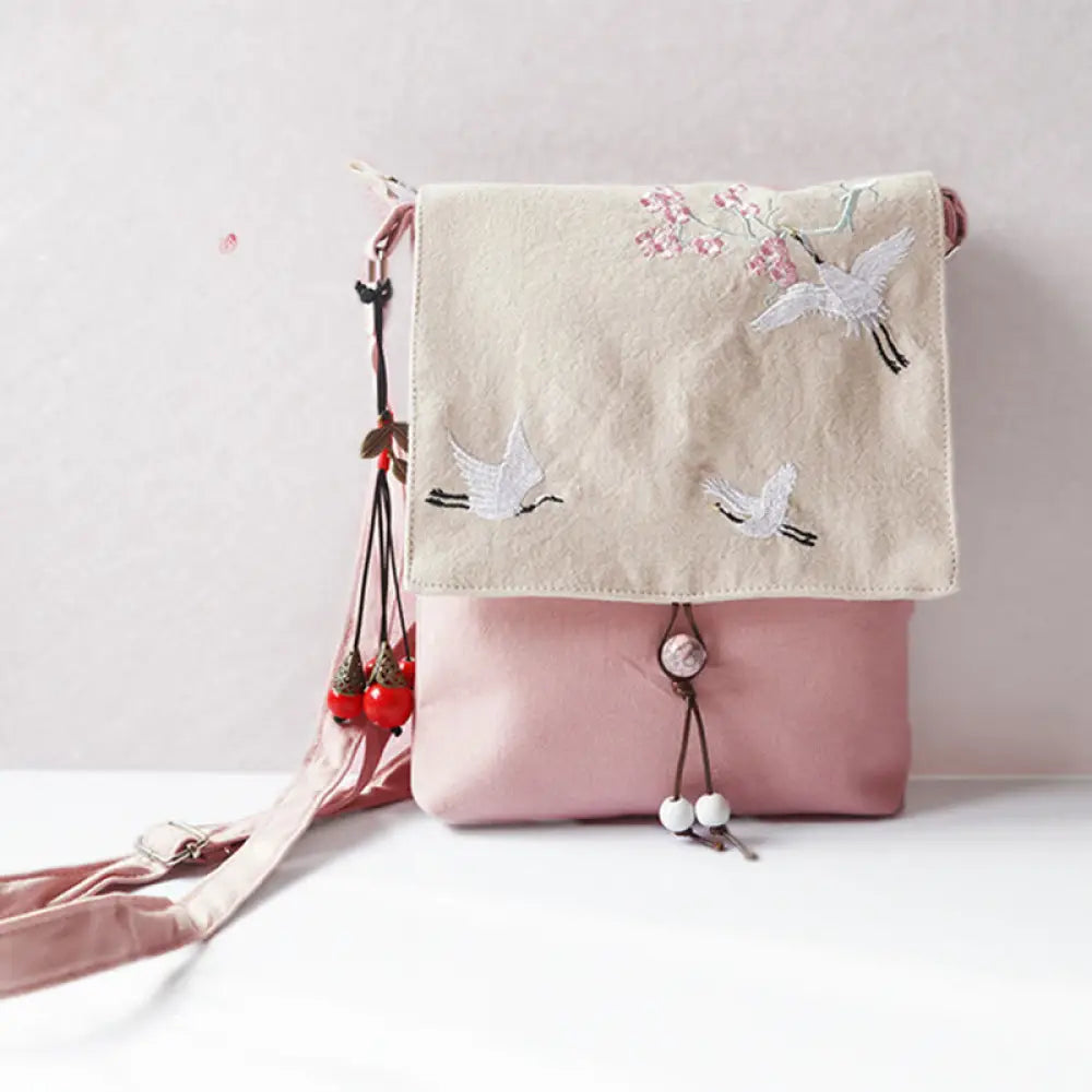 Buddha Stones Handmade Embroidered Plum Flowers Canvas Crossbody Bag Shoulder Bag Handbag - Light Pink Crane 20*23cm