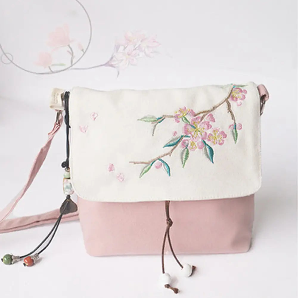 Buddha Stones Handmade Embroidered Plum Flowers Canvas Crossbody Bag Shoulder Bag Handbag - Light Pink Peach Blossom