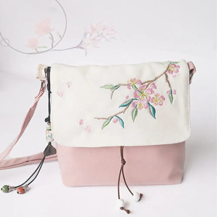 Buddha Stones Handmade Embroidered Plum Flowers Canvas Crossbody Bag Shoulder Bag Handbag - Light Pink Peach Blossom