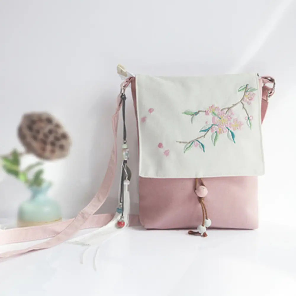 Buddha Stones Handmade Embroidered Plum Flowers Canvas Crossbody Bag Shoulder Bag Handbag - Light Pink Peach Blossom