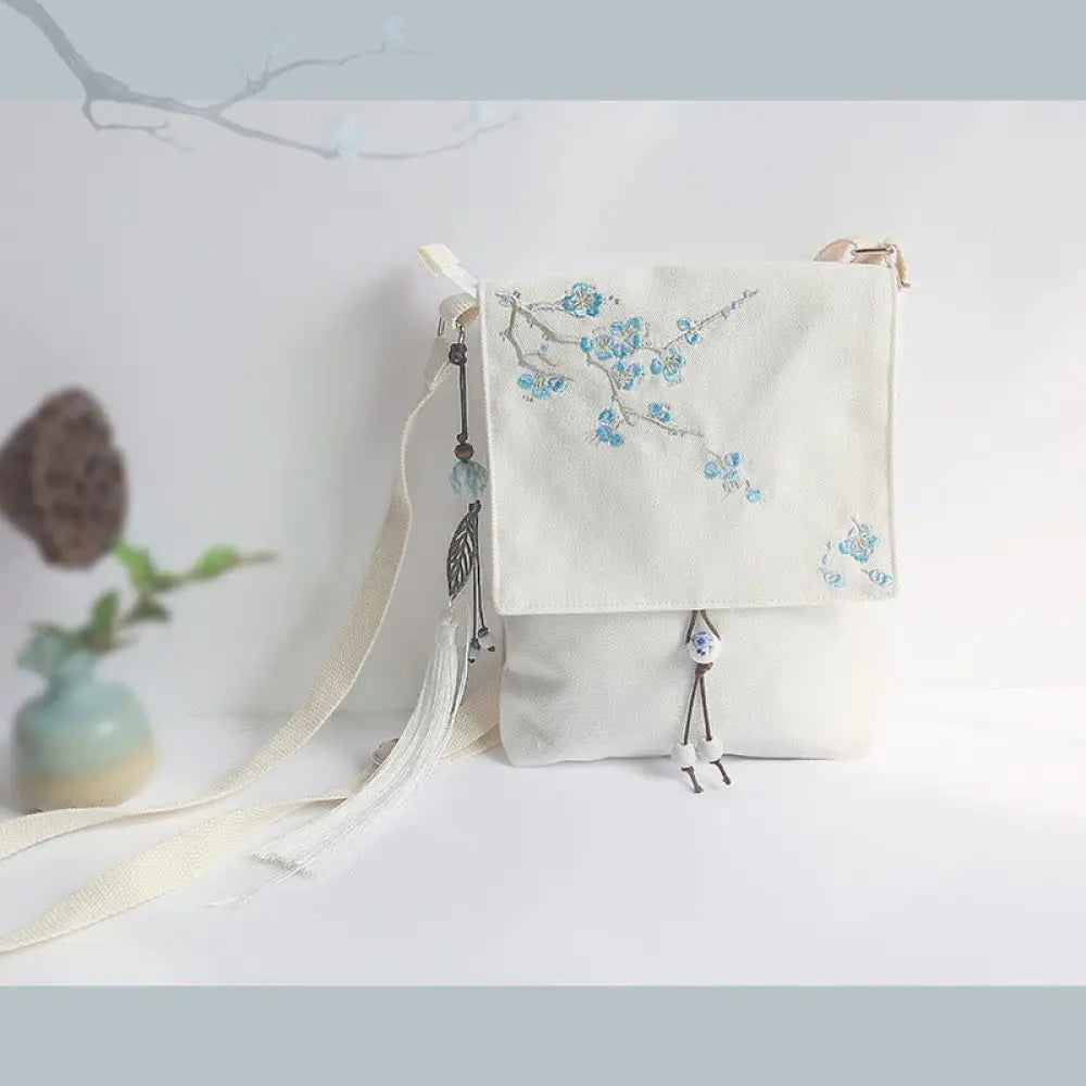 Buddha Stones Handmade Embroidered Plum Flowers Canvas Crossbody Bag Shoulder Bag Handbag - White Blue Plum 20*23cm