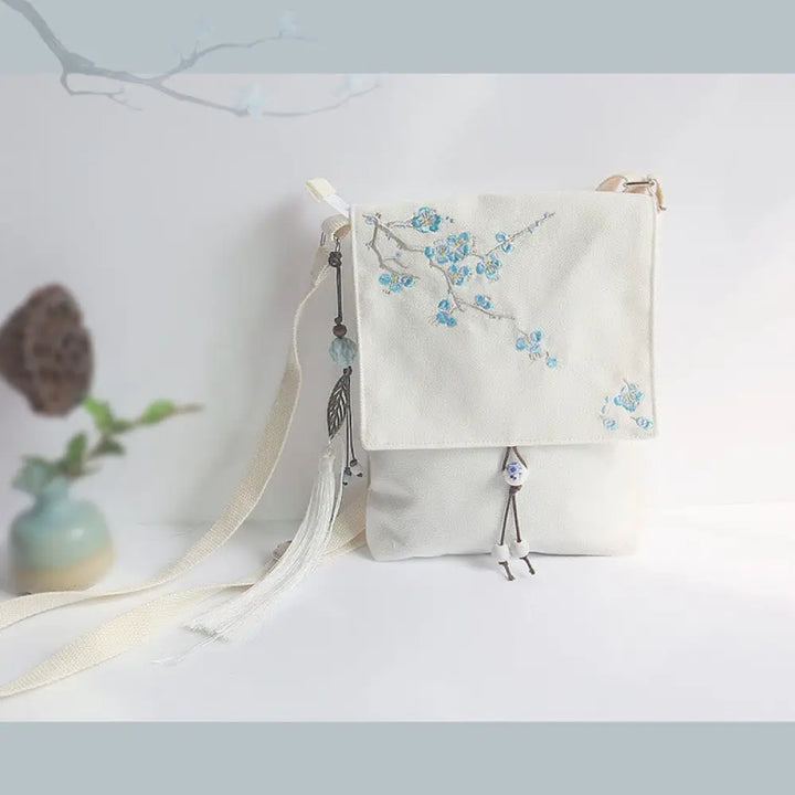 Buddha Stones Handmade Embroidered Plum Flowers Canvas Crossbody Bag Shoulder Bag Handbag - White Blue Plum 20*23cm