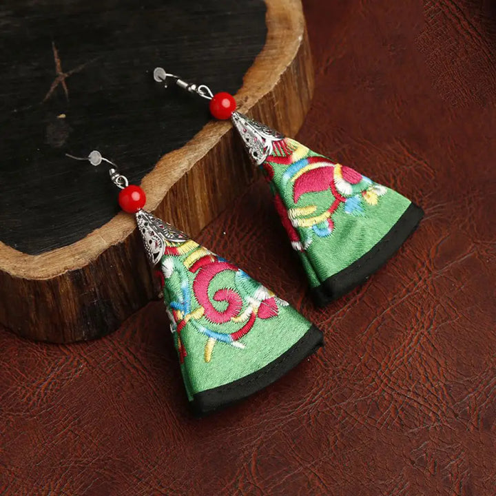 Buddha Stones Handmade Fan-shaped Yi Embroidery Harmony Earrings - Green(Alloy Posts) - Earrings