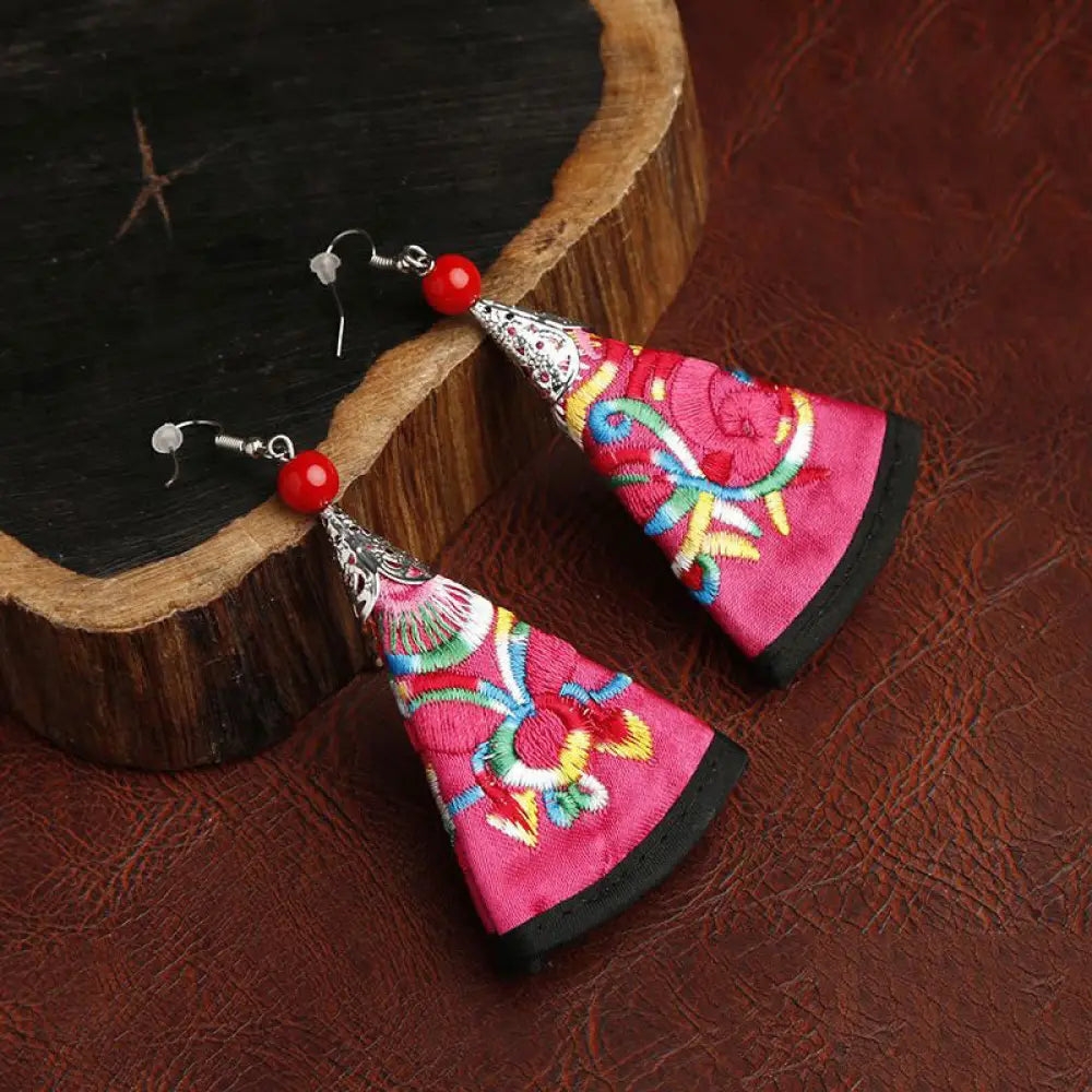 Buddha Stones Handmade Fan-shaped Yi Embroidery Harmony Earrings - Pink(Alloy Posts) - Earrings